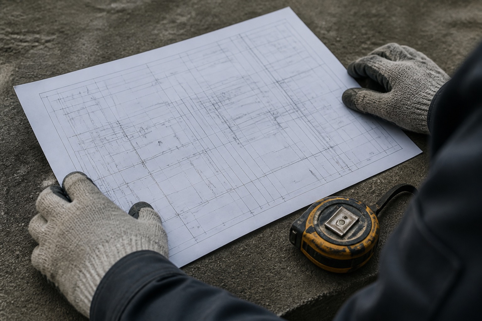図面を確認する建設現場の手元