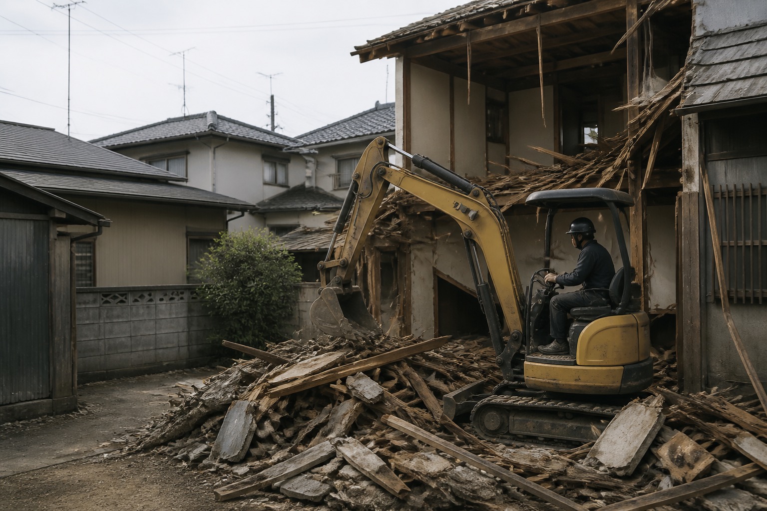 住宅の解体作業を行う重機